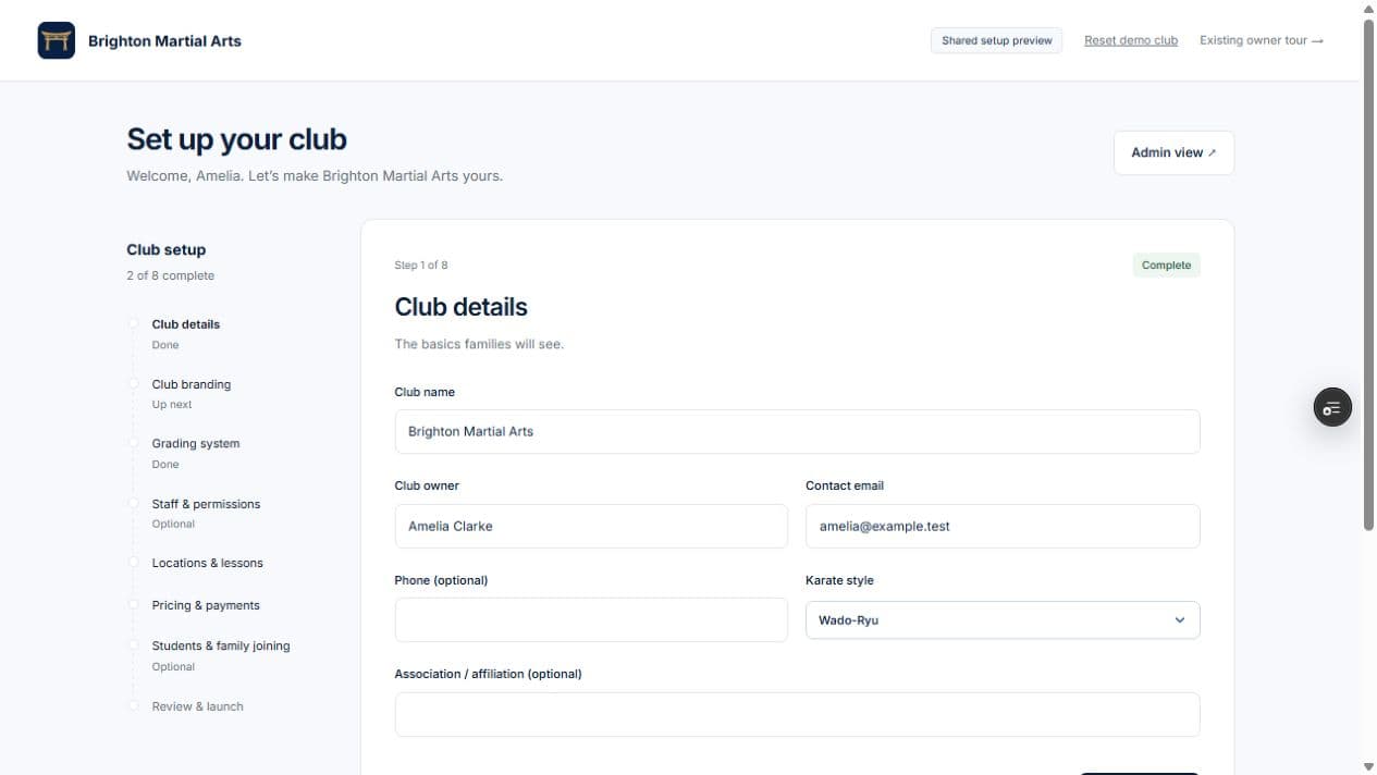 The actual eight-step owner setup with saved progress and editable club details.